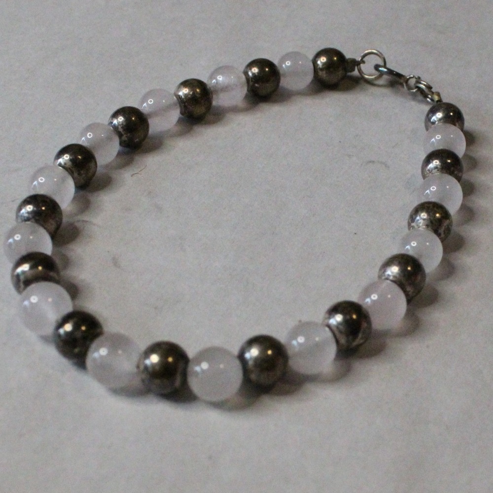 Rose Quartz Silver Bead Bracelet 7.25" Pink Boho Cottagecore Y2K Aesthetic